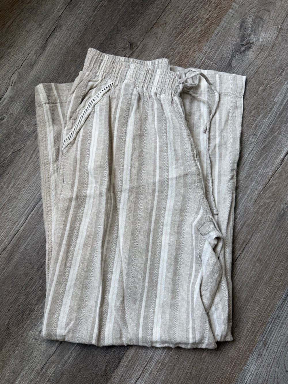 Briggs Striped Linen Blend Drawstring Pants Wide Leg Hippie Beige White Size M - Picture 7 of 8